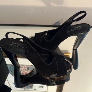 Black peep toe sling back platforms